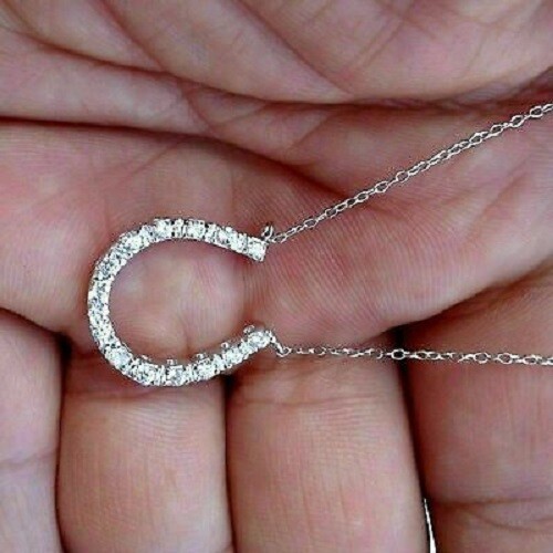 2Ct Round Lab-Created Diamond Horse Shoe Pendant Necklace 14k White Gold Finish