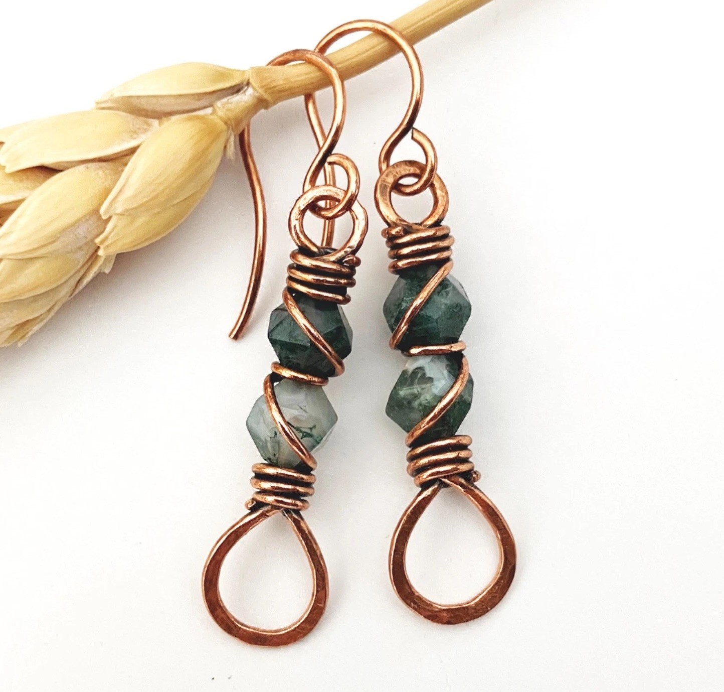 Wire Wrapped Moss Agate Dangle Drop Earrings Copper Crystal Bohemian Jewelry