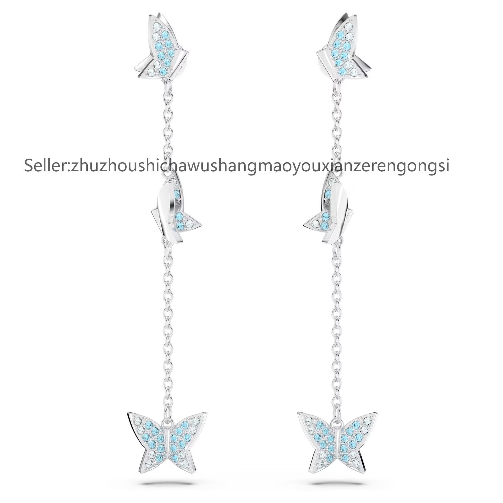 Lilia Blue Rhodium Plated Drop Earrings Butterfly New