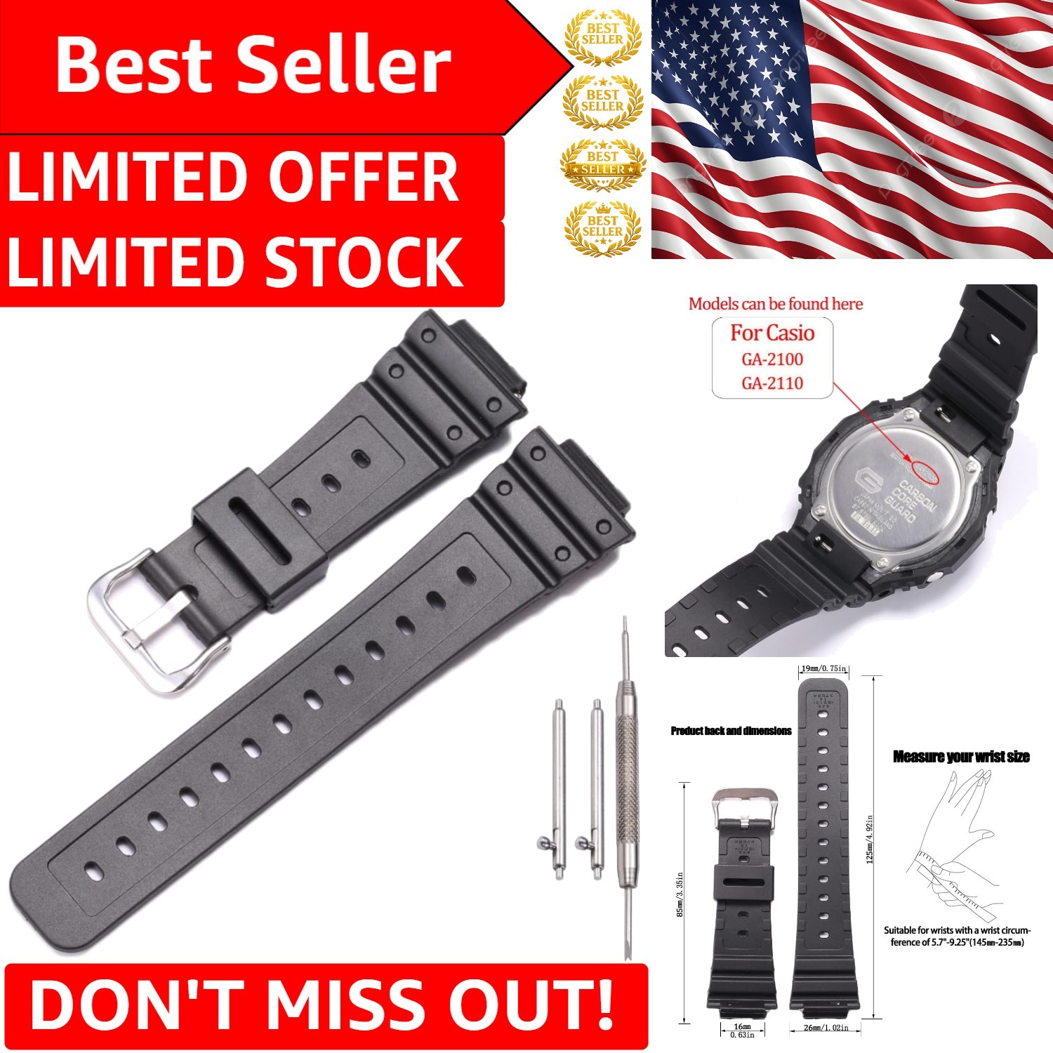 Men’s Rubber Replacement Strap for G-Shock GA2100 – Waterproof & Adjustable