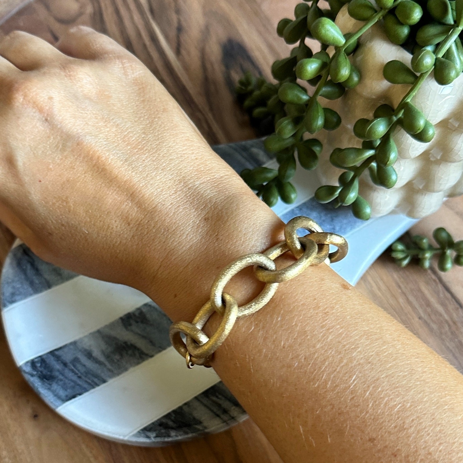 Chunky Matte Gold Tone Link Bracelet | Textured Satin Finish | Signed RL China