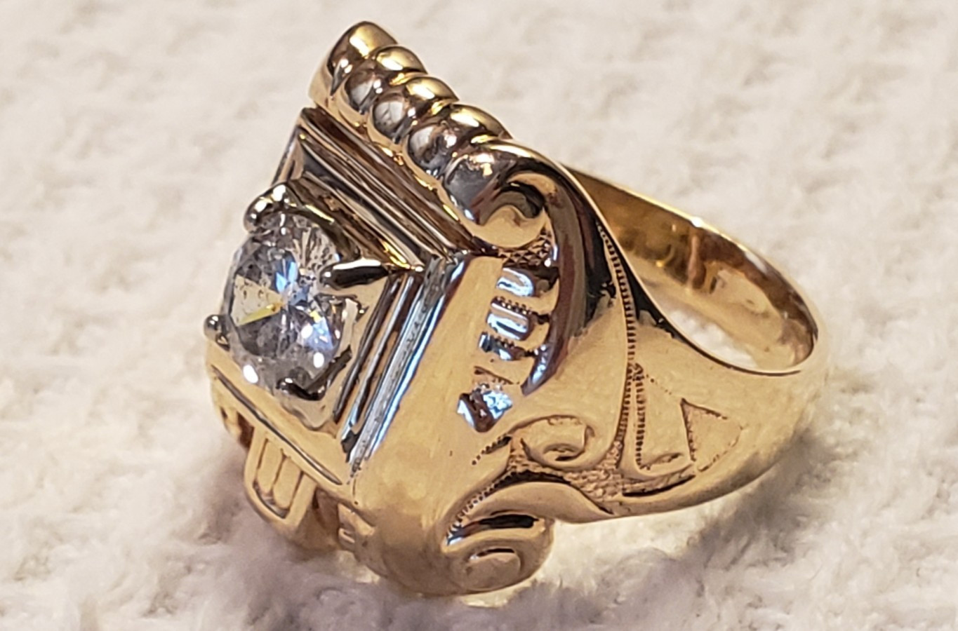 Men’s 10 Karat Gold Gothic Ring With Approx. 1.22CT Genuine Round Diamond