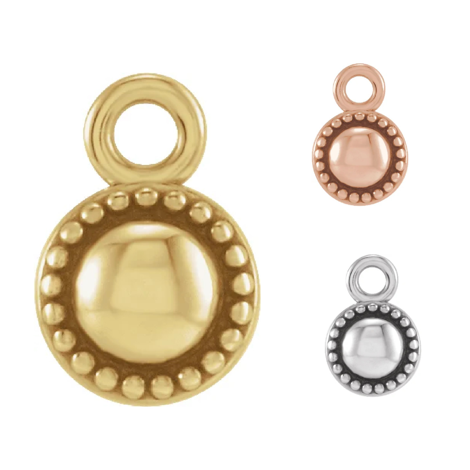 10k 14k 18k Gold Platinum or Silver 5mm Tiny Beaded Round Milgrain Dangle Charm