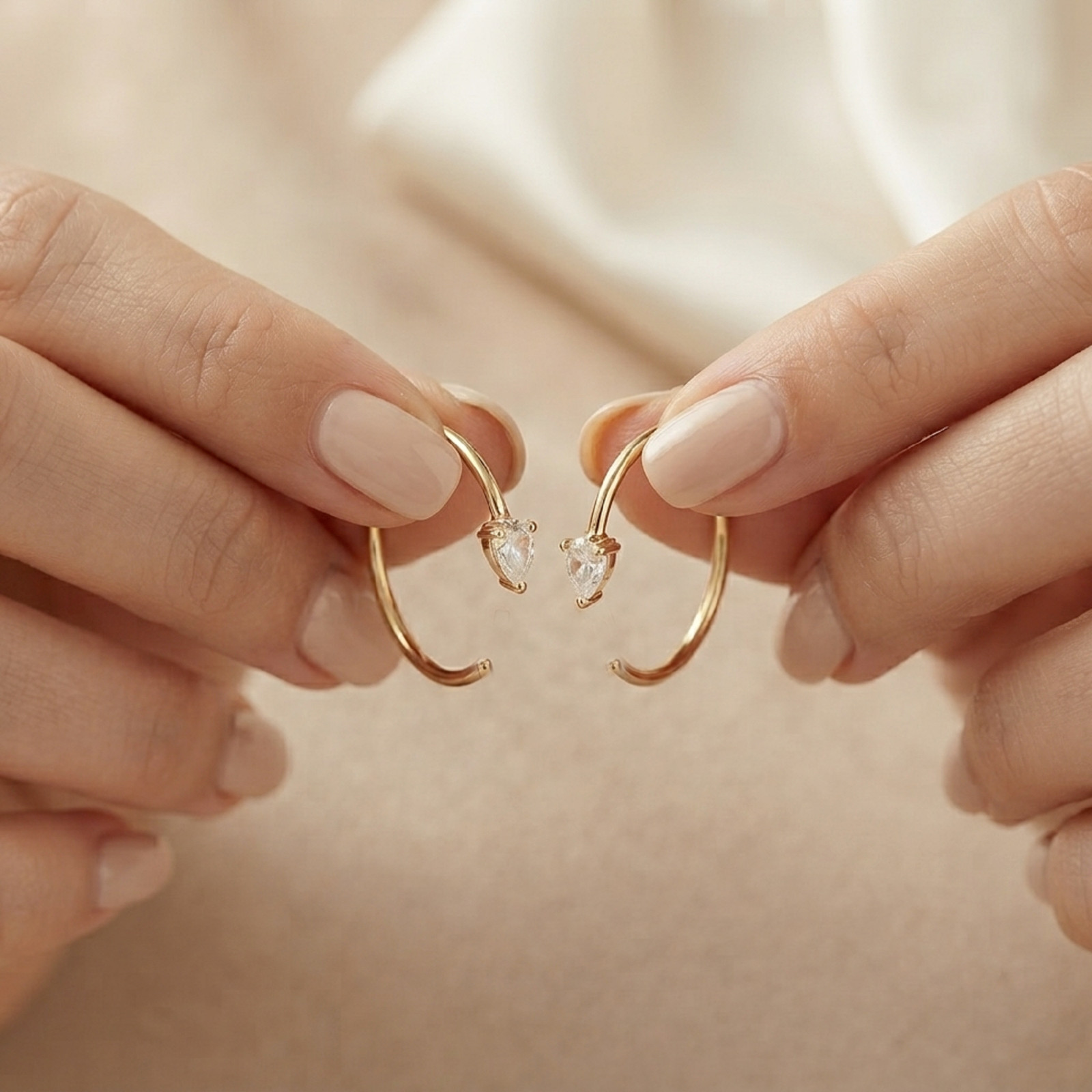 10K Solid Gold Tiny Pear Open Hoop Earrings Moissanite Diamond Dewdrop For Women