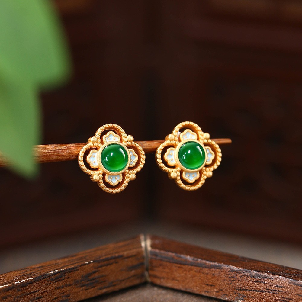 Jade Four-Leaf Clover Stud Earrings Minimalist Bamboo 18K Gold Plated Gemstone
