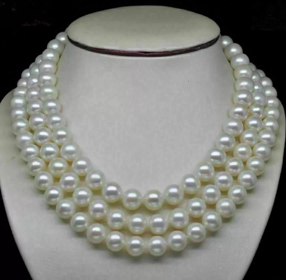 Huge Three-Strand natural AAA 9-10 mm akoya white pearl necklace 18”14K Clasp
