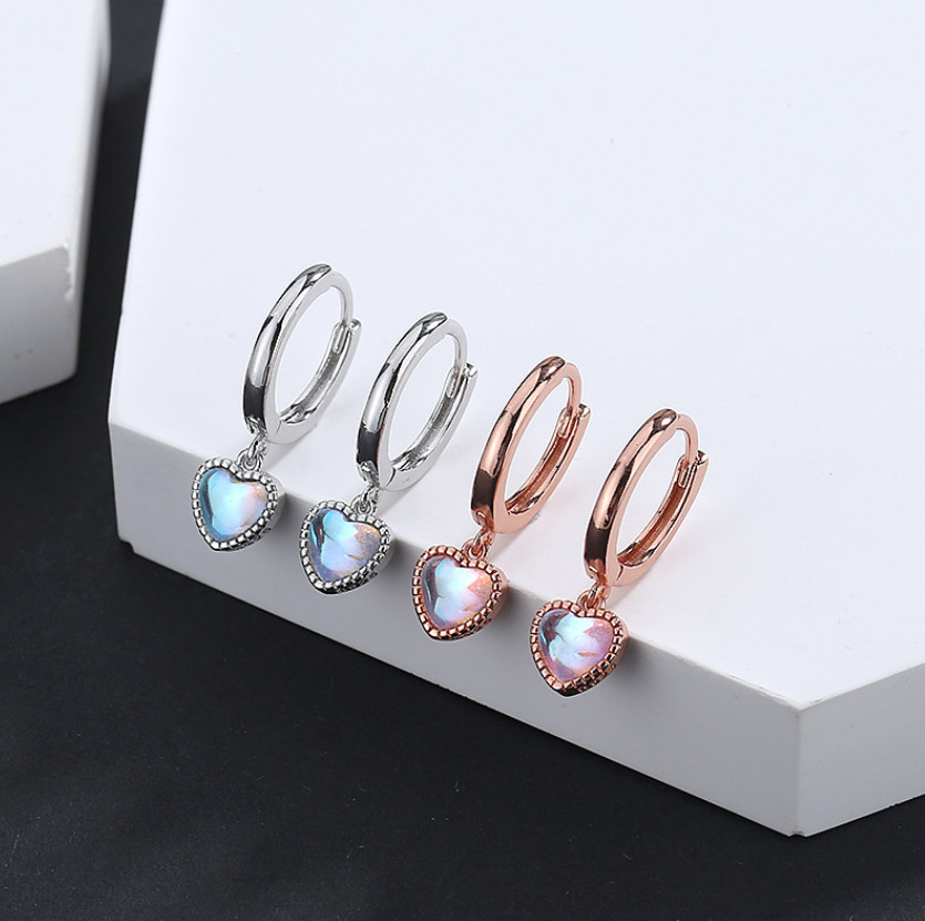 925 Sterling Silver LeverBack Hoop Drop Dangle Moonstone Heart Earrings TH3