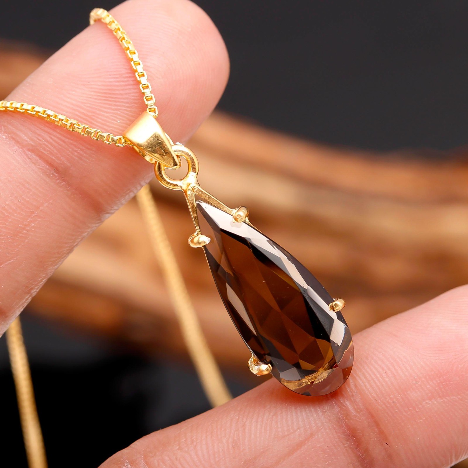 Natural Smoky Quartz Pear Chain Necklace Gold Fill 925 Sterling Silver Jewelry