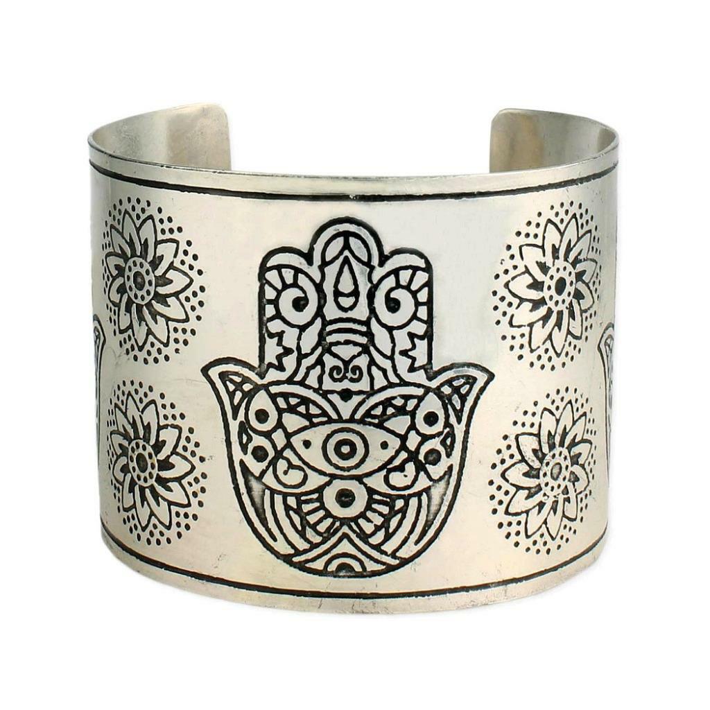 HAMSA HAND OF FATIMA BRACELET 2″ Wide Cuff Luck Protection Silver Plate Metal