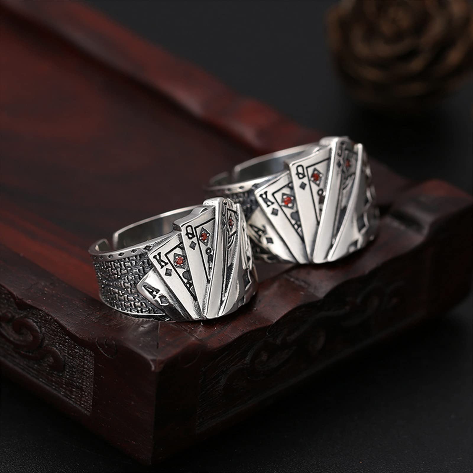Poker Card Ring Adjustable Spade Flush Red Square Punk Jewelry