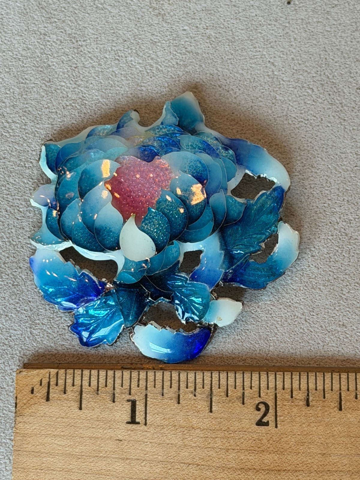 vintage Asian brooch pin silver blue glass enameled peony w pink center 2.5″