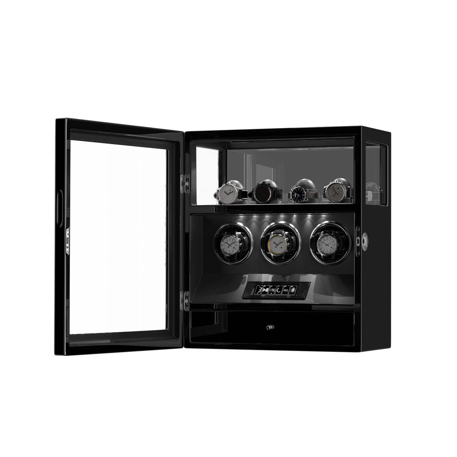 Fingerprint Lock 3 Watch Winder W/ Extra Watches Storage LCD Remote Control LED