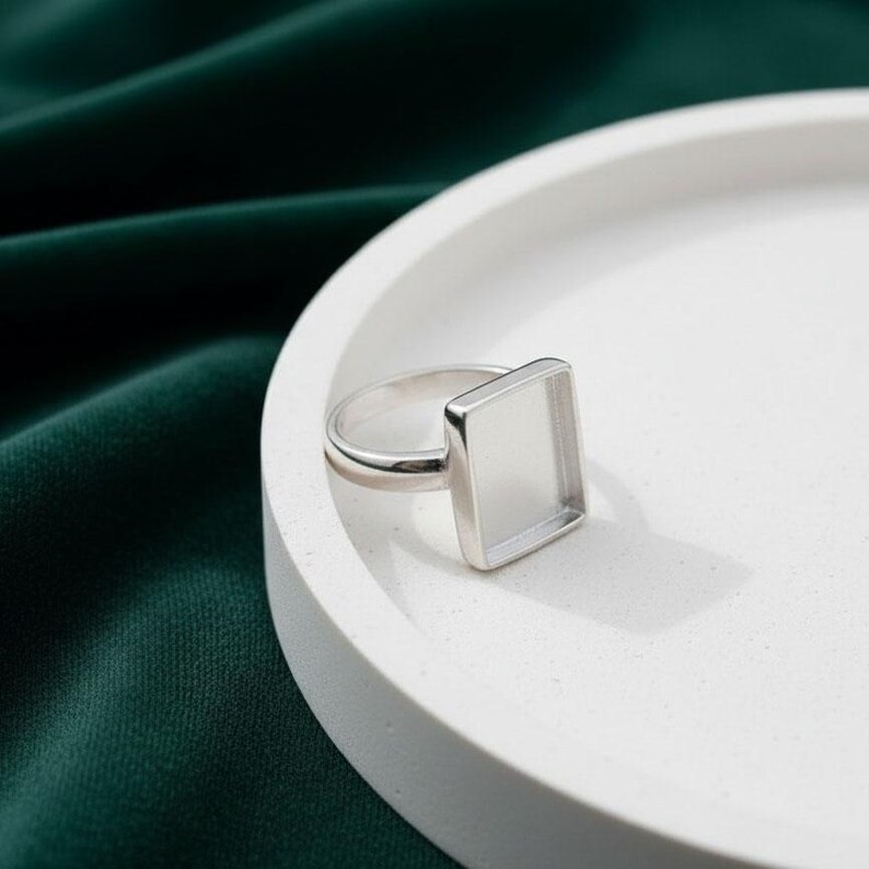 Solid 925 Sterling Silver 8x8mm Rectangle Bezel Cup Ring DIY Jewelry Setting