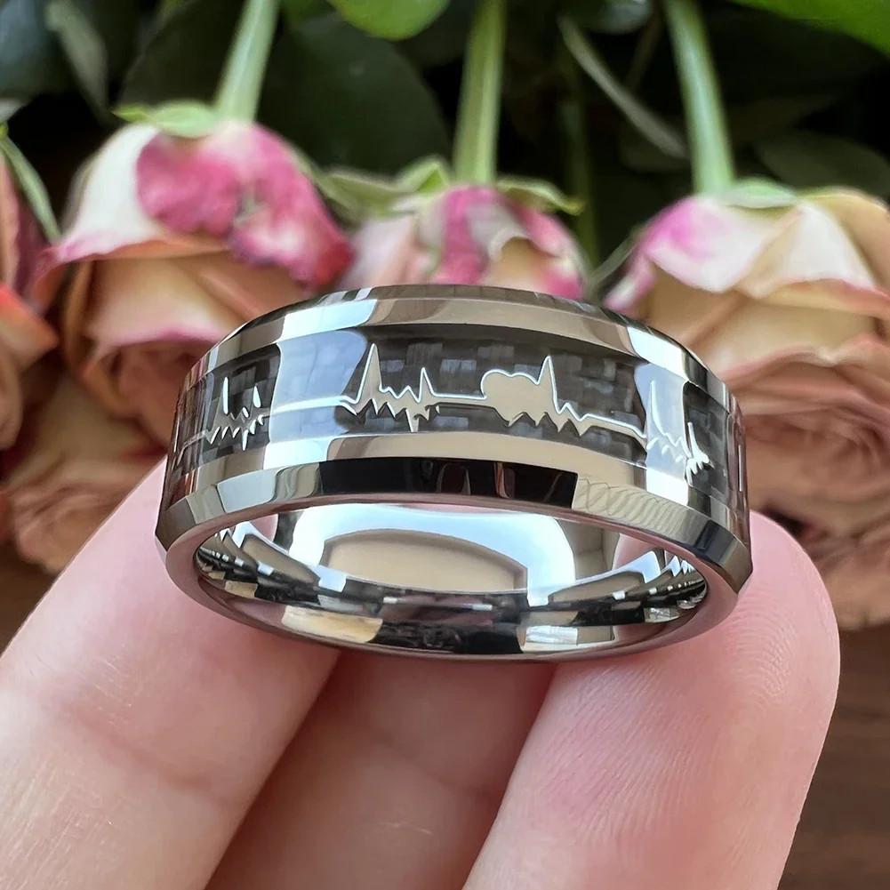 8mm Carbon Fiber Heart Inlay Tungsten Carbide Wedding Band Ring Men Jewelry