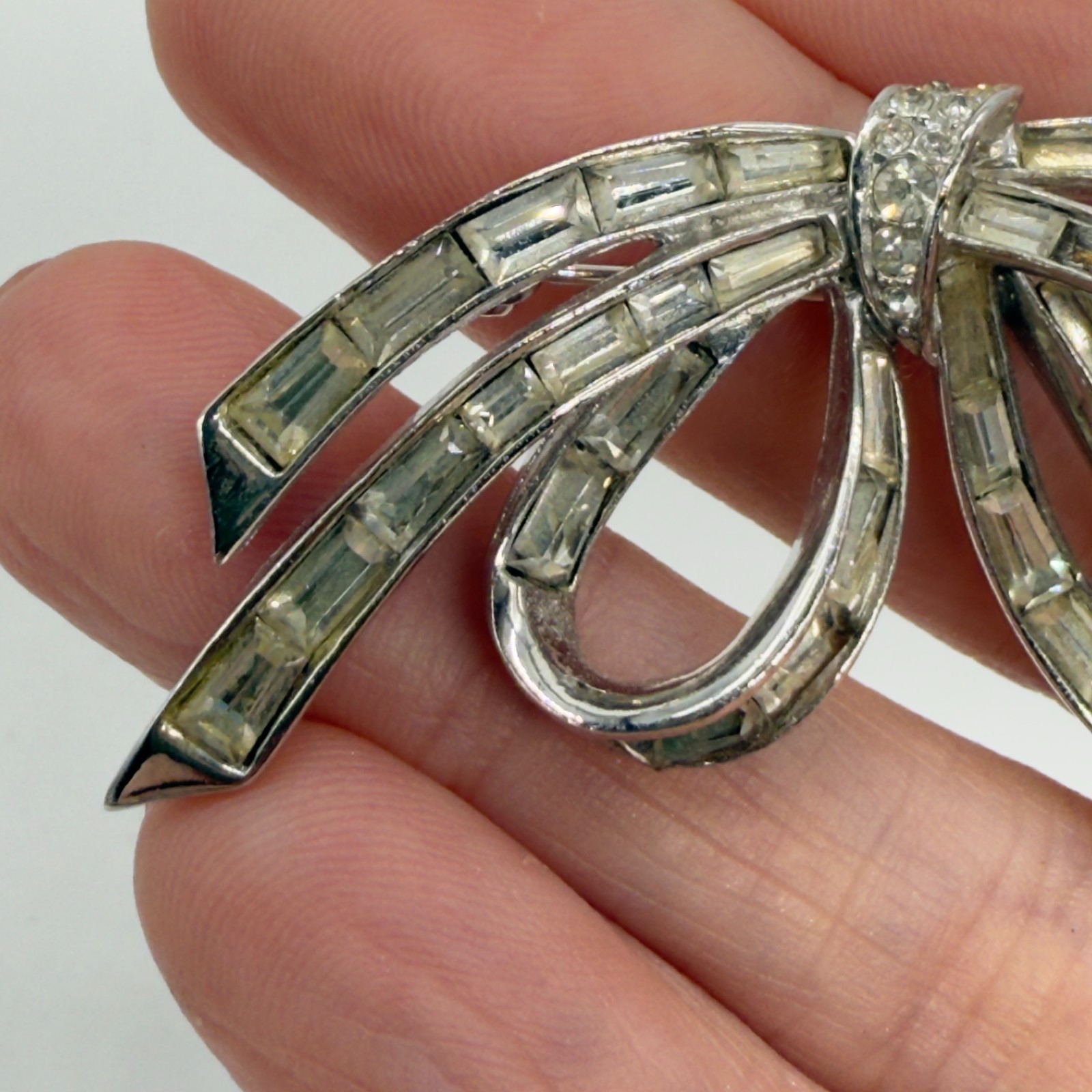 Vintage Marcel Boucher Brooch Bow Baguette Rhinestones 1 Missing Silver Tone