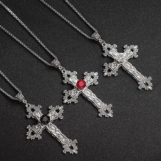 Large Gothic Cross Pendant Necklace with Red Glass Stone for Men Women
