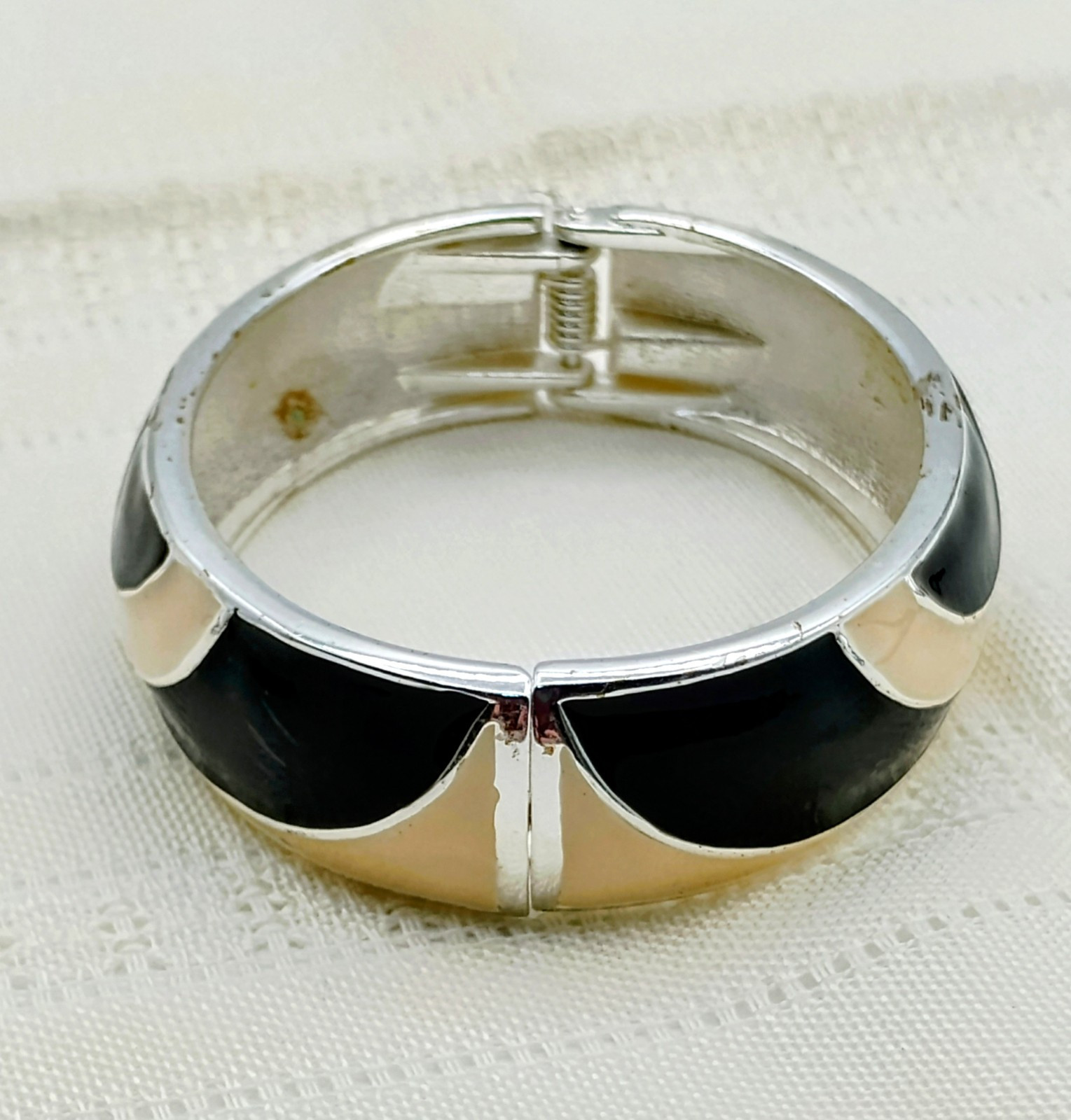 Enamel Bracelets Hinged Green with Gold & Beige W/ Black/ Silver 1970s To 1980s