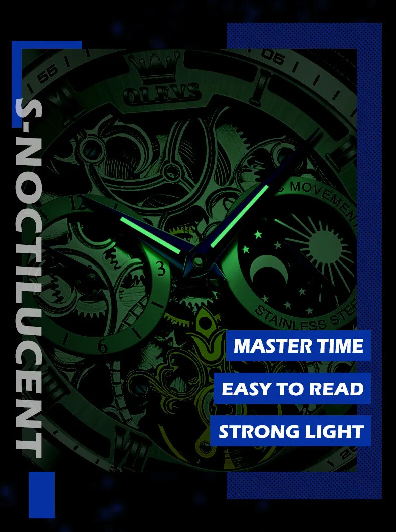 OLEVS Skeleton Self-Wind Automatic Mechanical Men’s Watch Leather Moon Phase
