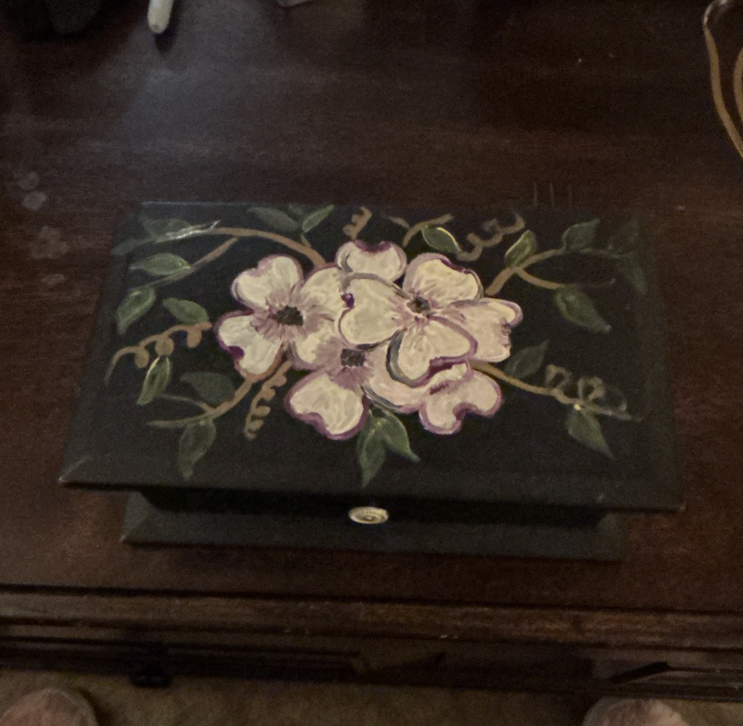 Black Wood Floral Jewelry Box Organizer w/ Mirror, Lined, 3 Compartments