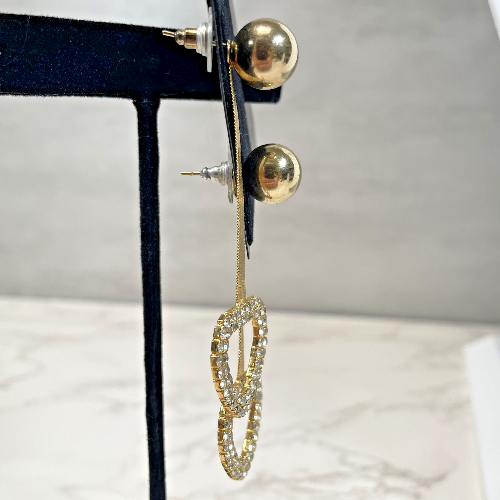 Gold Tone Herringbone Chain Drop Earrings Pave Rhinestone Open Heart Ball Stud