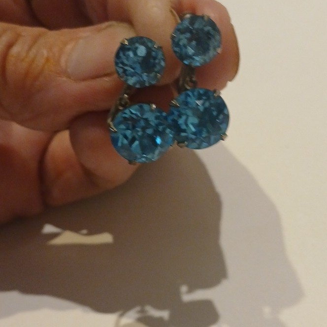 Blue Round Crystal Stud Earrings w/ Jacket, Screw Back, Prong Set, Metal