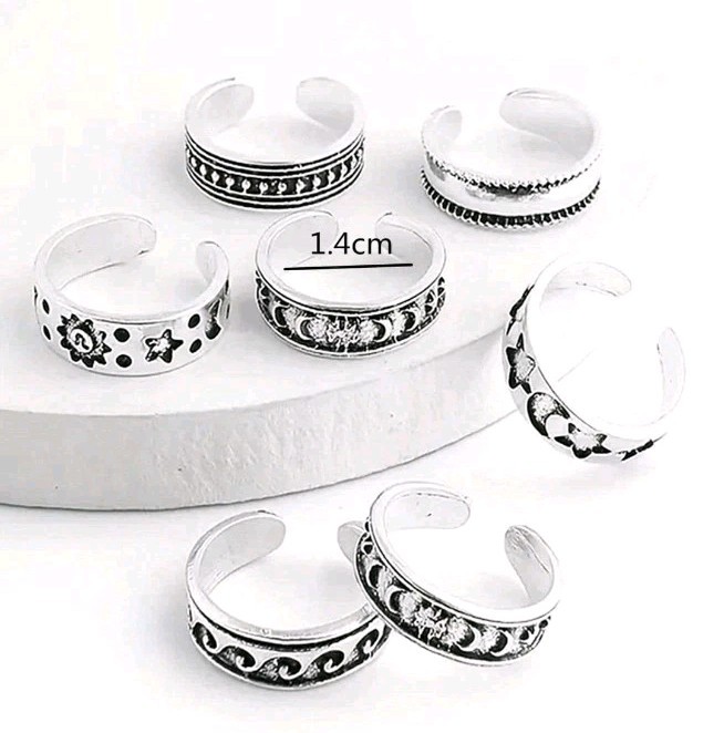 Set Of 7 TOE RINGS Beach Vacation Theme Sun Moon Star Waves Stainless Free Ship
