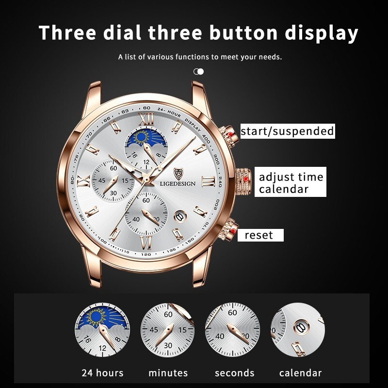 LIGE Men’s Watch Quartz Luminous Calendar 3ATM Waterproof Male Casual Wristwatch