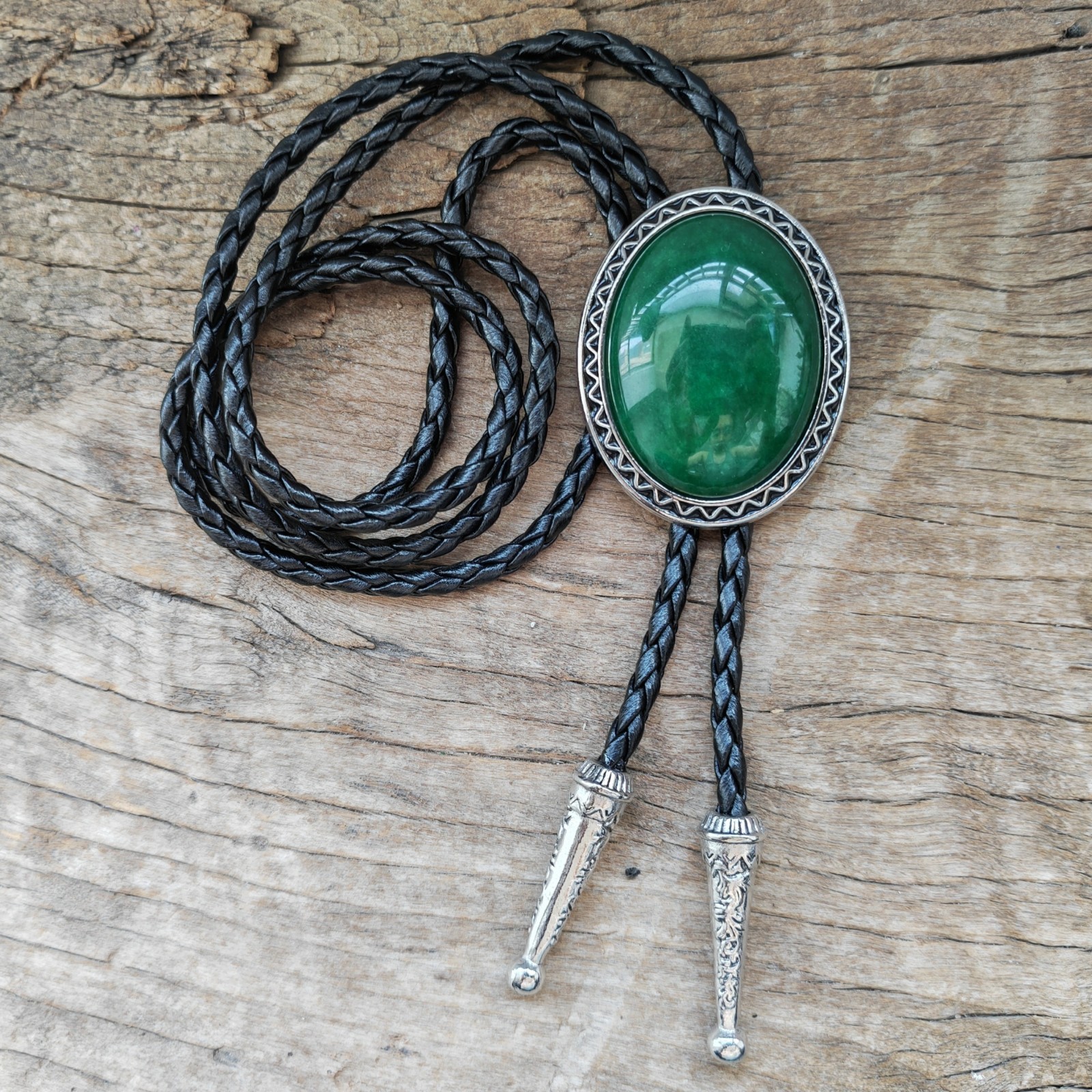 Dark Green Jade Mens Bolo Tie Wedding Necklace PU Leather Rope Western Cowboy