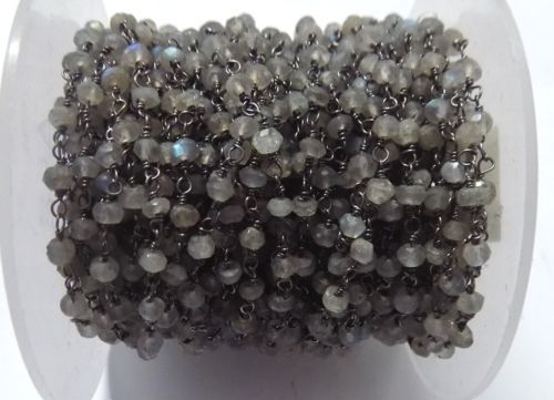 3-10 Feet Natural Labradorite Rondelle Faceted 4-4.5mm Beads, Rosary Black Chain
