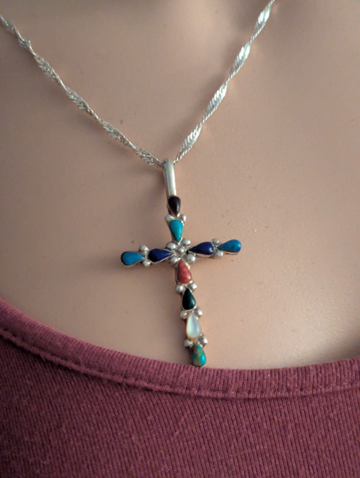 Multi-Stone Sterling Silver Cross Pendant Necklace