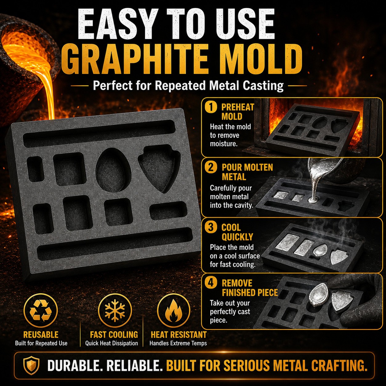 Graphite Ingot Mold 4x4in 11 Cavities Gold Bar Coin Scrap Refining Casting Tool