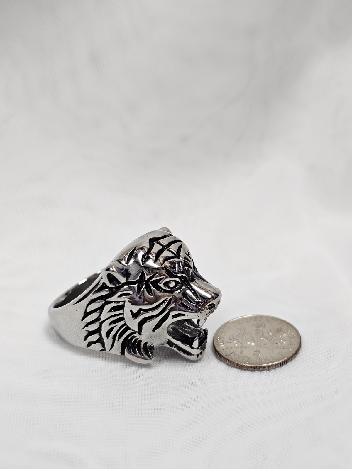 Silver Tone Tiger Head Signet Ring No Stone Animals & Insects Theme Size 11