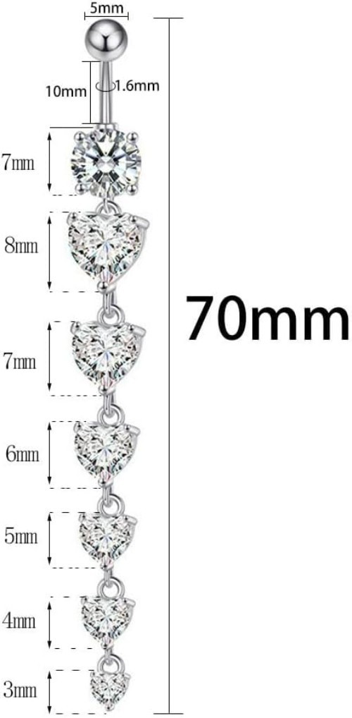 14G Long CZ Heart Dangle Belly Button Rings Sparkling Cubic Zirconia Crystal …
