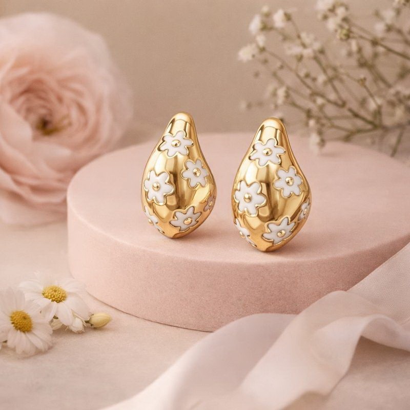 925 Sterling Silver Enamel Flower Stud Earrings | Teardrop Floral Jewelry |