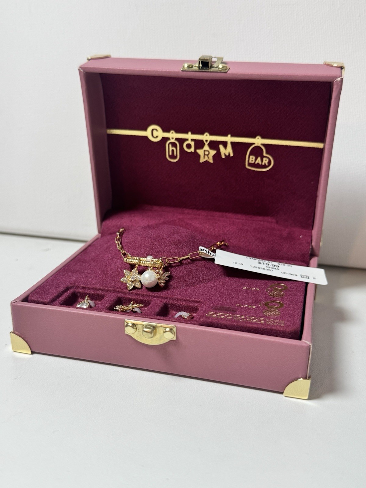 Charm Bar Gold Tone Necklace Set Interchangeable Charms Pearl Gift Box