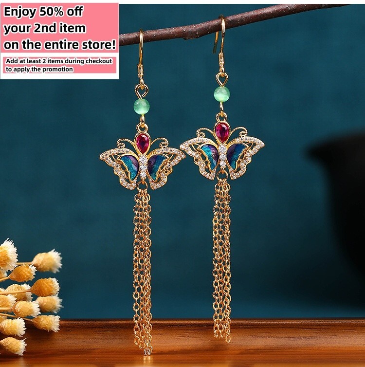Jade Crystal Drop Dangle Earrings Butterfly Flower Bohemian 18K Gold Plated