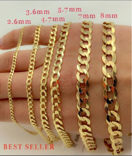14K Gold Curb Chain Necklace 3mm -8mm Over 925 Silver, 16-30 Inch, BEST SELLER