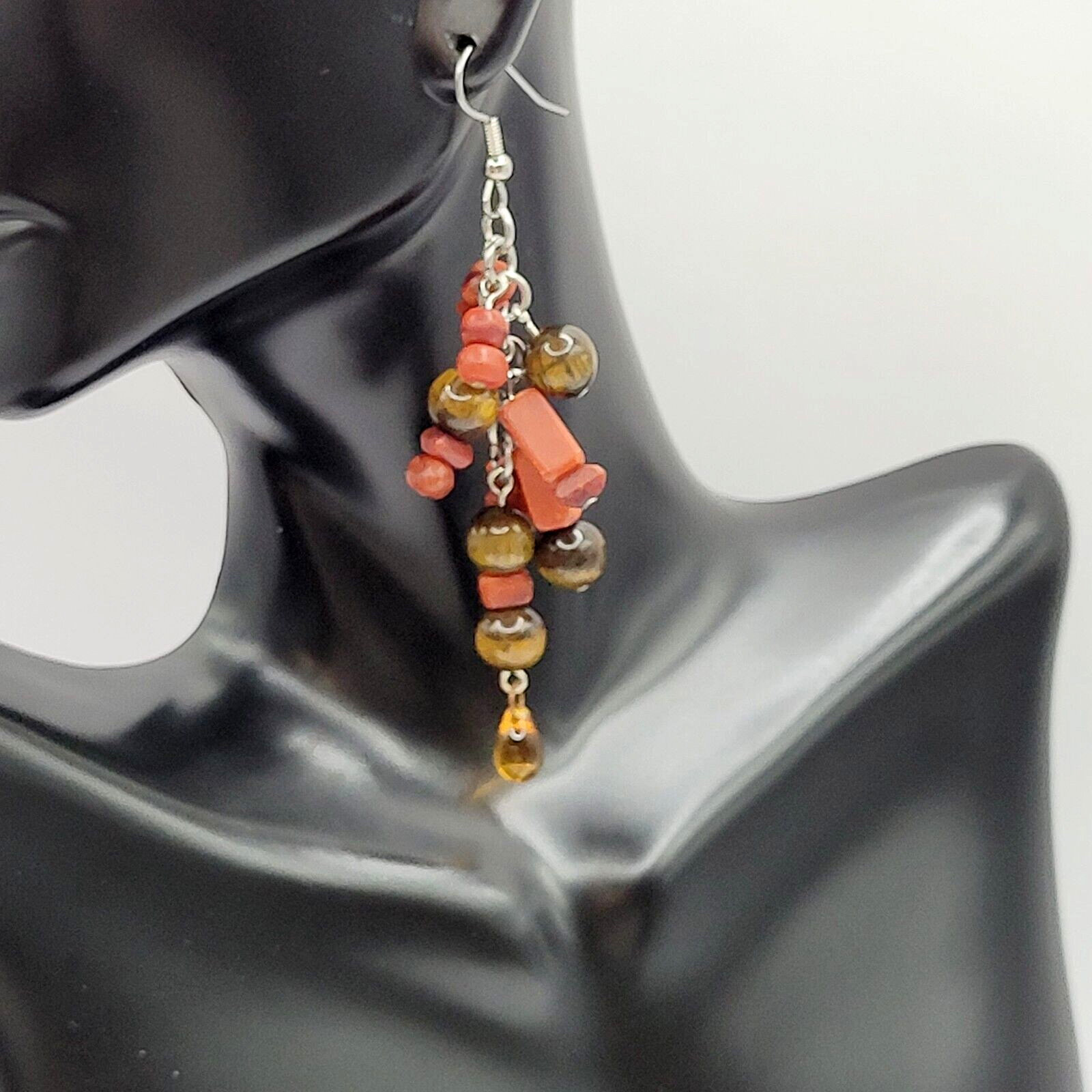 Modern Multi Shape Natural Stone Glass End Long Drop Dangle Hook Pierced Earring