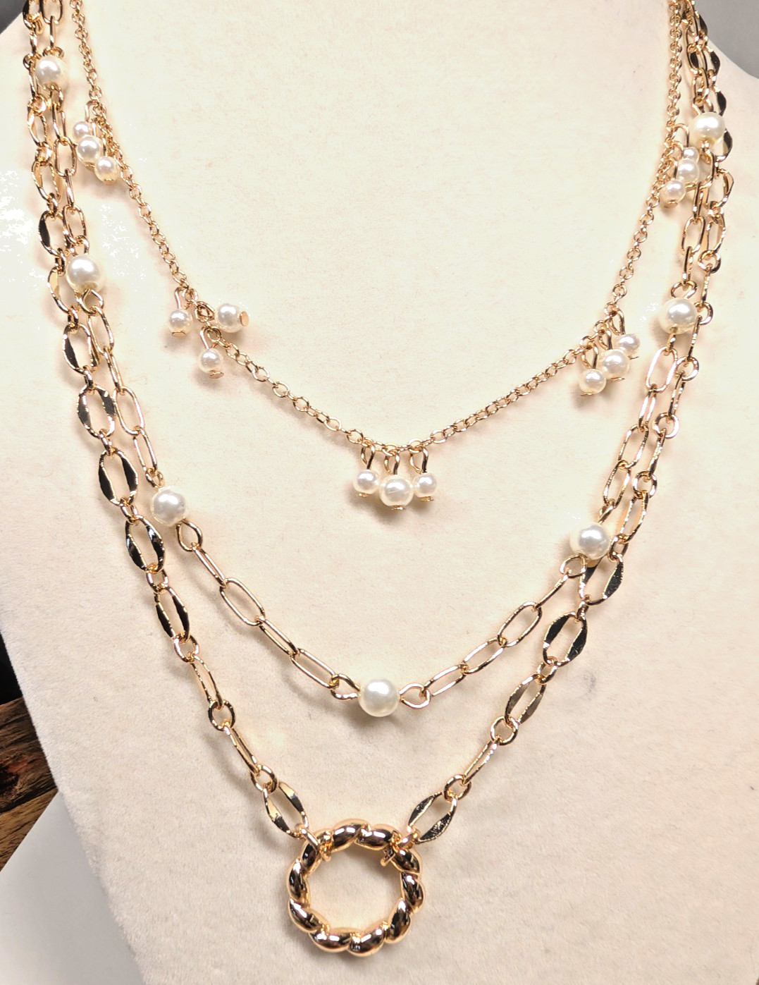 ON 34th 3 Strand Layered Gold Tone Faux Pearl Necklace 16″-19″ NWT Ret $39.50