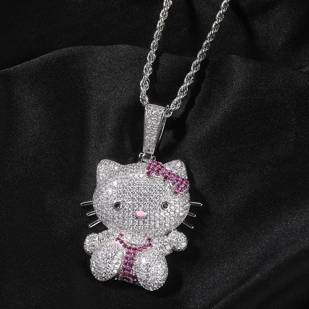 White Gold Plated 5A Iced Out Hello Kitty Pendant Men Chain Cartoon Jewelry Gift