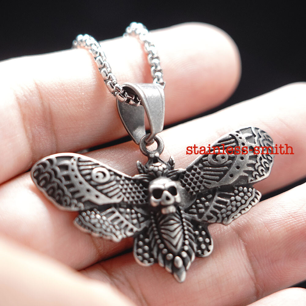 SMITH Vintage Luna Moon Death Moth Pendant Necklace For Women Stainless Steel