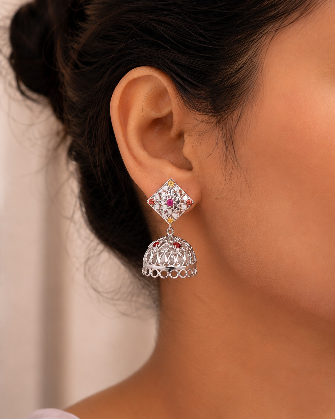 Natural Polki Jhumka Drop Earrings 925 Sterling Silver Handmade Bridal Wedding