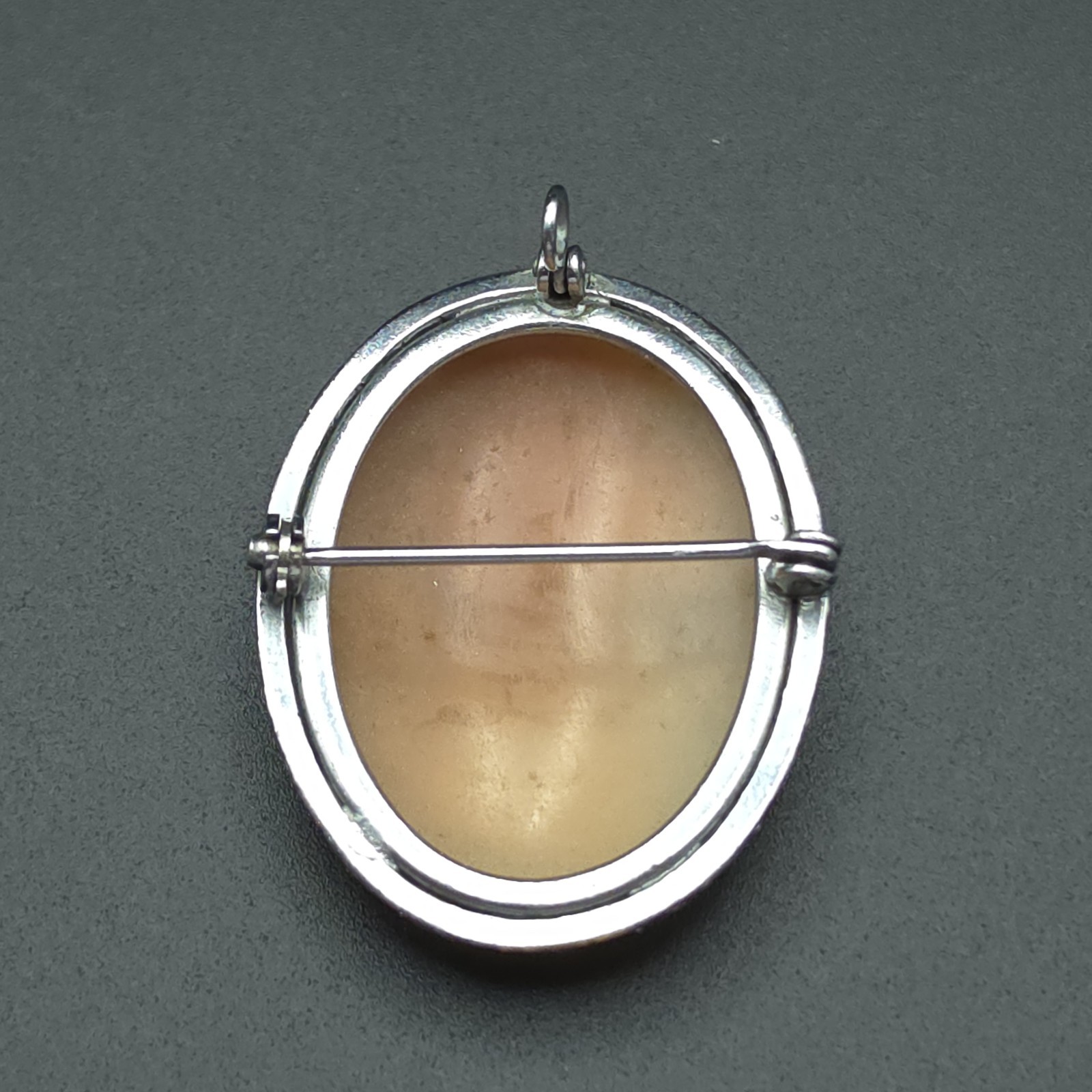 Antique Art Deco Hand Carved Shell Cameo Pendant Brooch Floral Lady Silver Tone