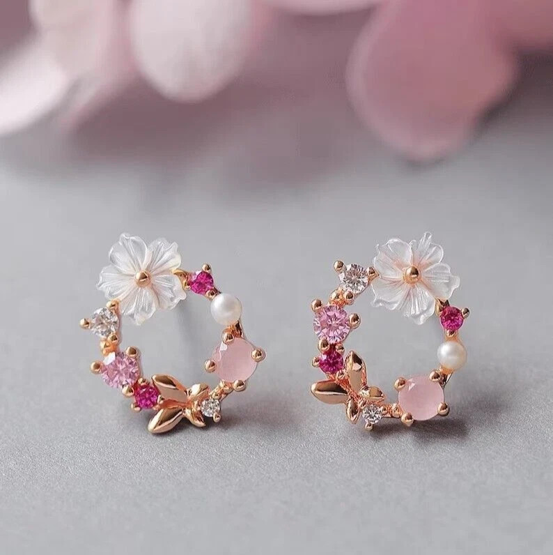 Circle Flower Pearl Stud Earrings 925 Sterling Earring Minimalist Women Jewelry