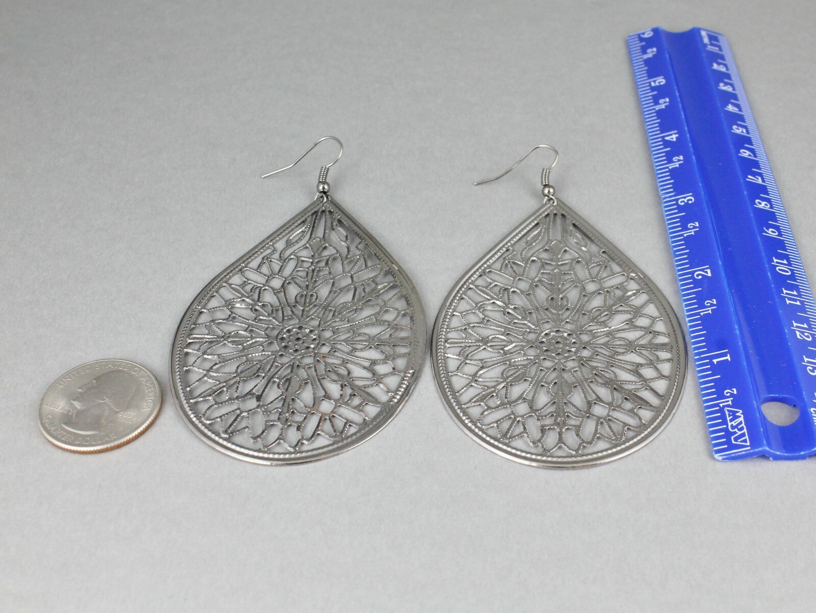 Big Huge Dark Grey earrings lightweight filigree teardrop oval dangle 3.75″ long