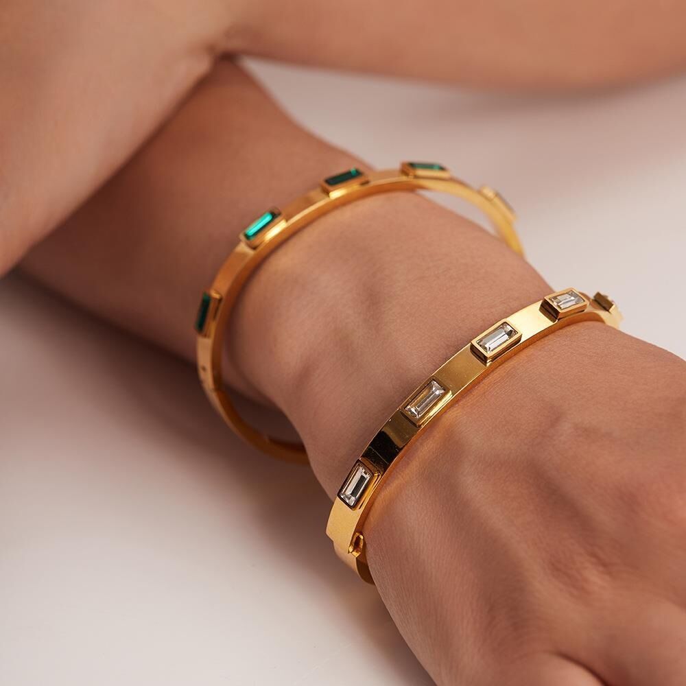 Woman 18K Gold Plated Stainless Steel Square Cubic Zircon Cuff Bracelet Bangle