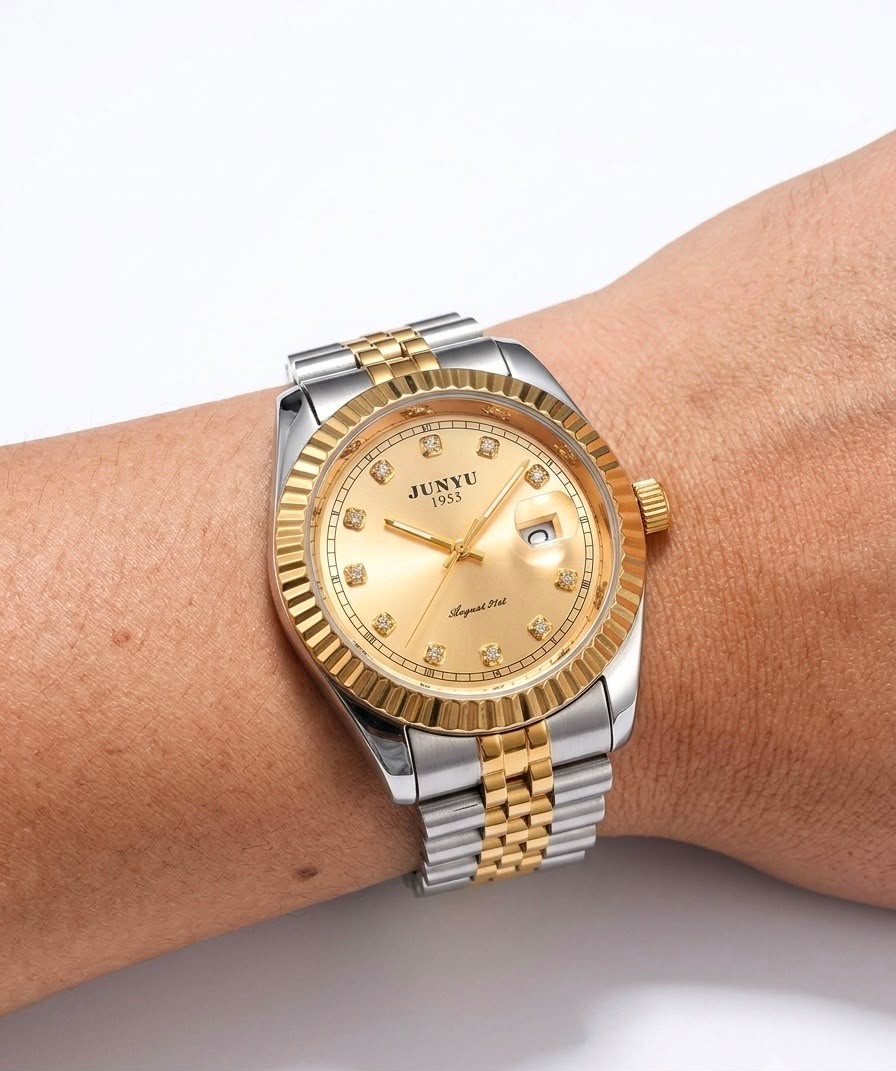 JUNYU 1953 Automatic Luxury Watch Gold Dial Diamond Markers Two Tone Datejust