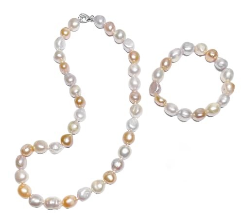 9.5-10.5mm Baroque Multicolor Freshwater Pearl Set Necklace 18″ Bracelet 7.5″