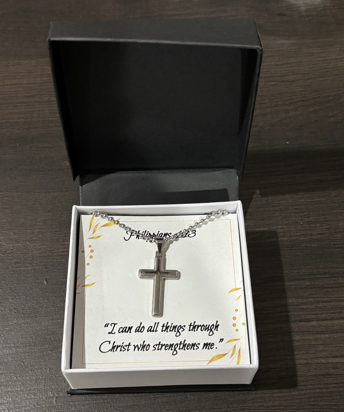 Silver Tone Cross Pendant Necklace Ball/Bead Chain Gift Box Scripture Card