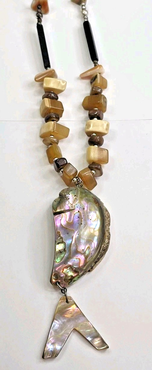 Handcrafted Beaded Necklace w/ Abalone Shell Freeform Pendant, Lobster Clasp